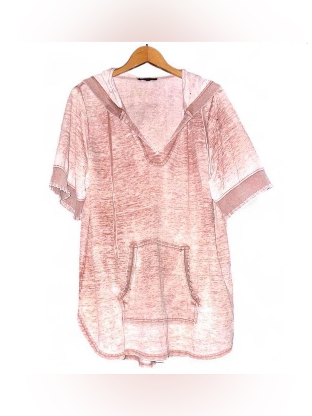 Jane & Delancey Top Hooded Acid Wash Beige Pink Short Sleeve Kangaroo Pocket 1X
